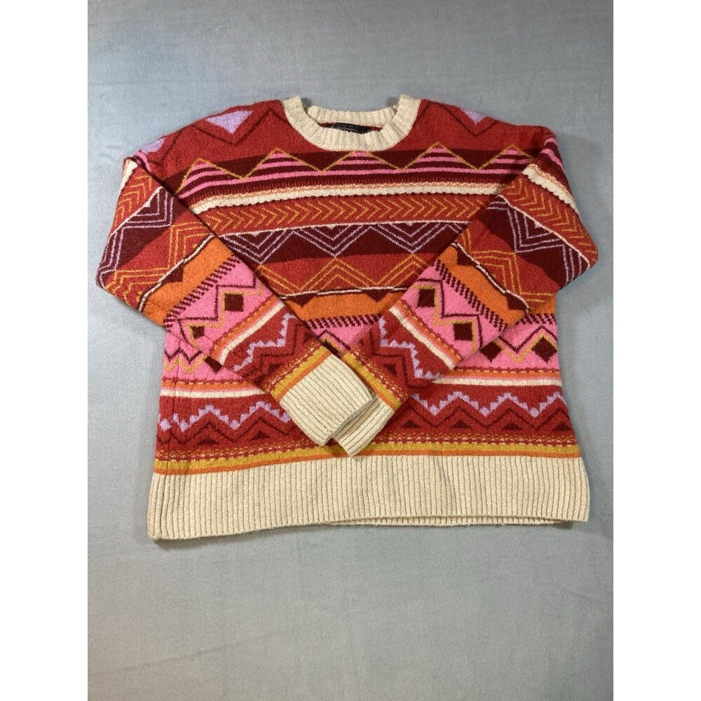 Forever 21 Colorful Stripped Fuzzy Tribal Sweater Size Small Orange Cream Pink
